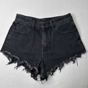 Shein Black Denim‎ Shorts Women's Size S Flame Embroidered Frayed Hem